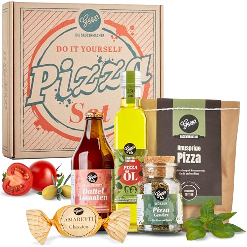 Gepp’s Feinkost DIY Pizza Geschenkset I Knusprige und leckere Pizza zum Selbermachen I Geschenk mit Pizzateig nach neapolitanischer Art, Sugo aus Kirsch- und Datteltomaten, Pizzaöl und Bio Pizzagewürz