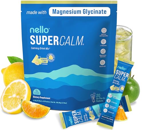 Nello Supercalm Drink Mix - Ashwagandha KSM 66, Magnesium Glycinate & L-Theanine Supplement, Vitamin D3 - Ashwagandha Root Extract - Focus and Relaxation Support (20 Travel Packets) - Lemon Lime