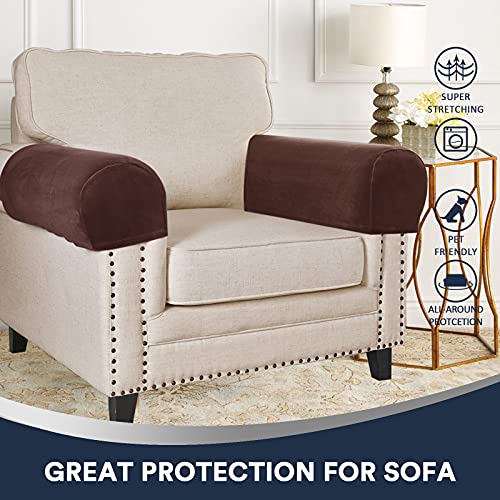 Sofa Armrest Covers Stretch Velvet Plush Arm Covers For Chairs And Sofas Anti-Slip Couch Armrest Covers With Sticker Furniture Armrest Protector For Sofa Couch Chair Recliner, Set Of 2, Brown #TOP1