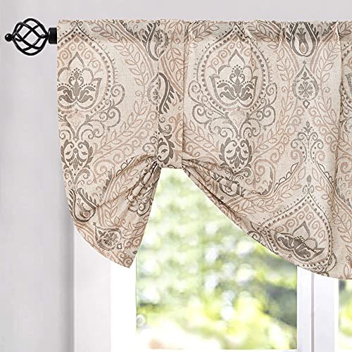 jinchan Tie Up Valance Curtains Damask Kitchen Valance for Windows Paisley Valance for Living Room 2 Inch Adjustable Linen Window Treatments Medallion Window Valance Rod Pocket 1 Panel Taupe on Beige