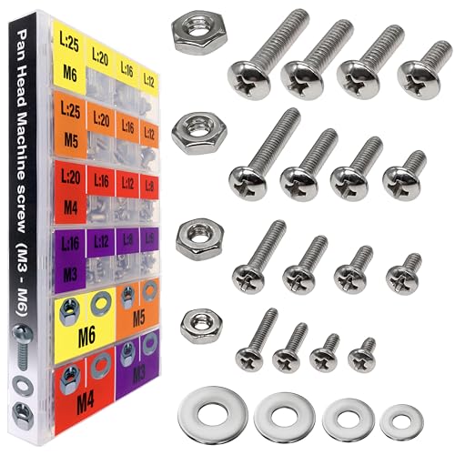 EEEEE 901pcs Phillips Pan Head Metric M3 M4 M5 M6, Machine Screw Assortment Kit Assorted Screws 304 Stainless Steel and Nut Set Flat Washers Nuts Hardware with Snap Lock Case