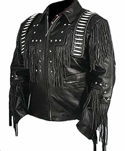 LEATHERAY Men's Fashion Western Genuine Cowboy Jacket Native American Wears Fringed & Beaded Jacket Cow Leather Black