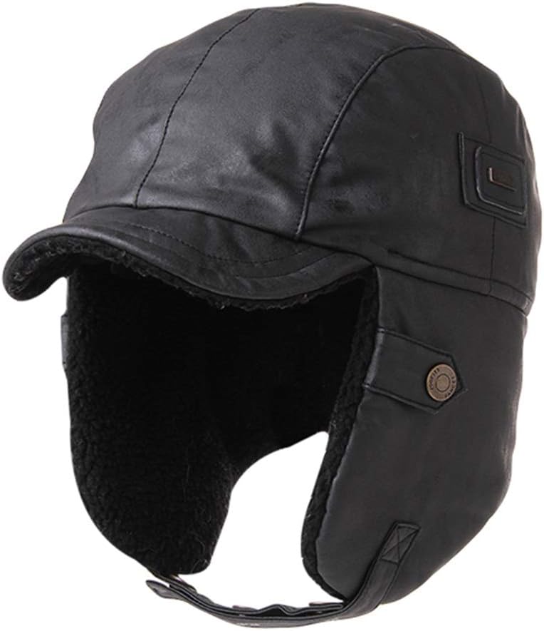 Unisex Faux Leather Aviator Pilot Cap Winter Trapper Bomber Earflap Hunting Hat Waterproof & Windproof,Black-M