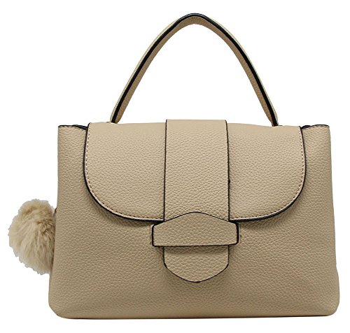CRAZYCHIC - Sac à Main Femme Cabas Fourre-Tout Cartable Cuir PU - Porté Epaule Bandoulière Taille Moyenne - Rabat Patte Poignée Pompon Fourrure - Sac Travail Ville Mode Tendance - Beige Taupe
