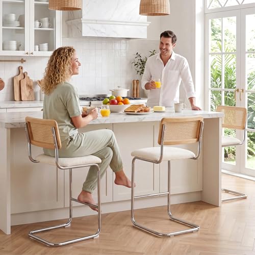 Image of Zesthouse Natural Rattan Counter Stools Set of 4, 26'' Mid Century Modern Counter Height Barstools with Solid Wood Back & Cane Mesh, Upholstered White Boucle Bar Stools for Kitchen Island, Chrome Base