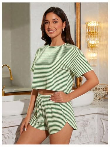 Image of OYOANGLE Womens Pajama Sets 2 Piece Sexy Lounge Sets Summer Cute Pjs Striped Print Tee and Side Split Shorts Set