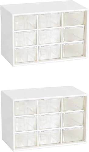 Feadily Small Parts Organizer 9 Drawer Desktop Storage Box with Clear Drawers White 2 Pack
