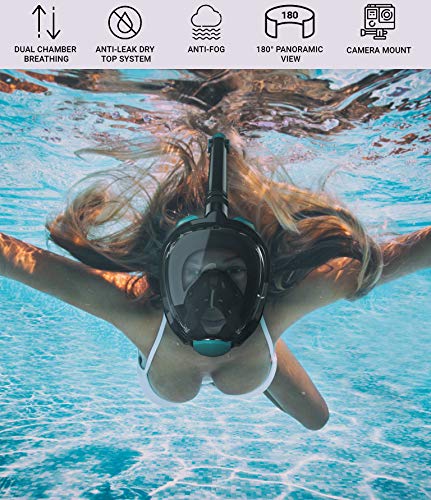 cozia design Full Face Snorkel Mask - 180° Panoramic View Scuba Mask, Safe Breathing System for Longer Diving, Anti Fog and Anti Leak Snorkeling Gear with Camera Mount, Fast Drying Microfiber Towel - Thumbnail 2