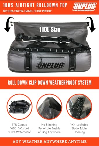Image of UNPLUG Ultimate Adventure | 1680D Heavy Duty Waterproof Bag | Large Travel Bag which can be Used for Camping, Motorcycling, Boating, or Hunting|110L Storm Grey