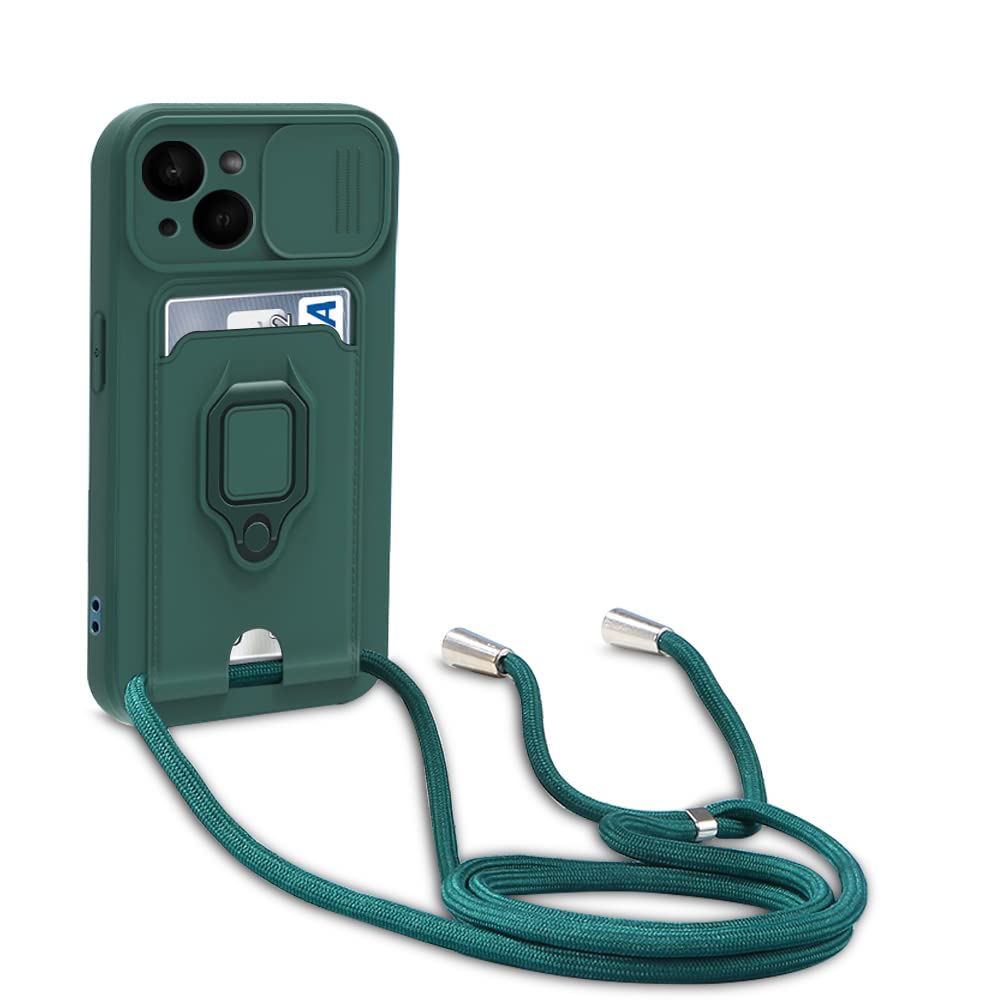 Protección de Cámara Funda Compatible con iPhone 15, con Anillo Soporte, Ajustable Collar Correa de Cuello Cordón Carcasa de Silicona-Verde Oscuro