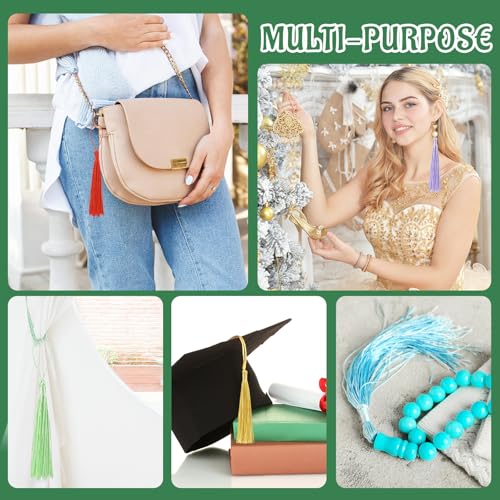 Image of 100 Pcs Bookmark Tassels Bulk Green Series Soft Craft Silky Handmade Mini Tassels for Jewelry Making with Loops for DIY Craft Accessory Dress Decoration