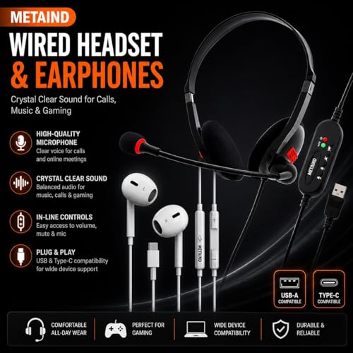 Image of Metaind USB Headset with Mic Meta MT440 for PC & Laptop and CT100 Type-C Earphone Combo for Calling, Online Classes, Meetings & Work from Home