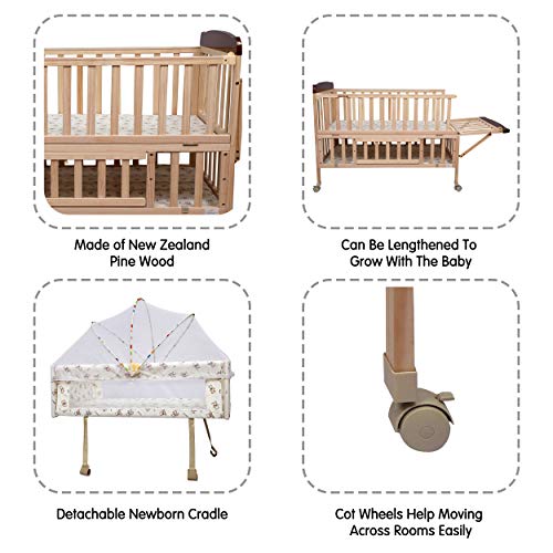 Image of 1st Step Wooden Cot (with 3Level Height, Detachable Mosquito Net, Storage Space and Wheels with Brakes), with Swinging Baby Cradle