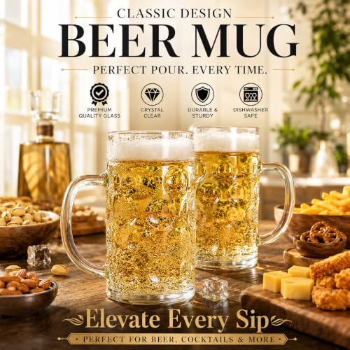 Image of WRINGO Beer Mugs Set of 2, 450ML Glass Mug with Handle, Large Big Heavy Mugs for Freezer, Multipurpose Mugs, Dishwasher & Microwave Safe (BR-05)