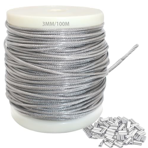 Cable de Acero Inoxidable 304, Cuerda de Alambre Estructura 7×7, 100 m, Incluye 100 Manguitos de Aluminio, Adecuado para Suspender Guirnaldas de Luces Exteriores y Uso en Jardines.
