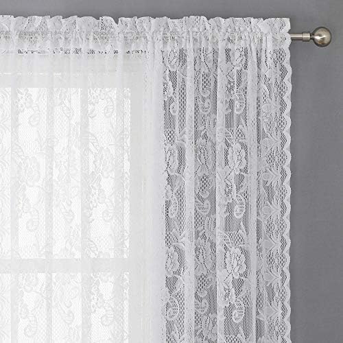 WUBODTI Lace Sheer White Curtains for Bedroom 63 Inch Length 2 Panels,Vintage Rose Floral Embroidered Window Curtain Rod Pocket Scalloped Edges Drapes for Living Room Kitchen Farmhouse,60 x 63 Inch