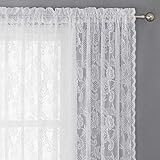 WUBODTI Lace Sheer White Curtains for Bedroom 63 Inch Length 2 Panels,Vintage Rose Floral Embroidered Window Curtain Rod Pocket Scalloped Edges Drapes for Living Room Kitchen Farmhouse,60 x 63 Inch