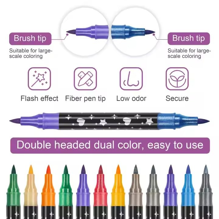 Image of Amitasha 24 Color Shades Art Marker Glitter Brush Pen Set Soft Dual Tip Water-based Shimmer Colors Sketch Pen for Kids Adults DIY Greeting Birthday Cards Scrapbook (12 Pens = 24 Colours)