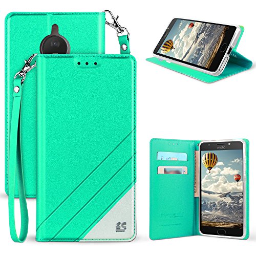 Motorola Moto E4 Case, Moto E4 Wallet Case, Mstechcorp, Wrist Strap Flip Folio [Kickstand] Pu Leather Wallet Case with ID&Credit Card Slot for Moto E4 (Mint White)