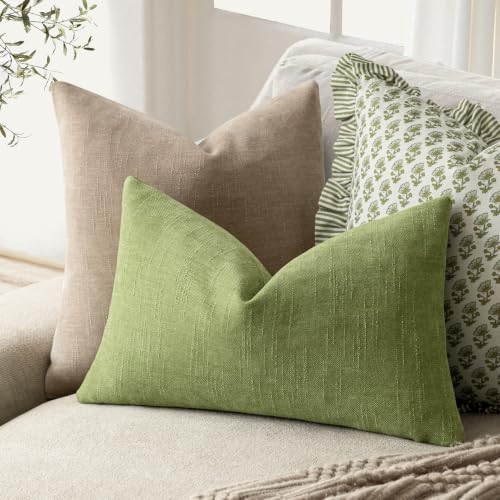 Image of Foindtower Pack of 2 Soft Textured Chenille Throw Decorative Pillow Covers Lumbar Accent Solid Cushion Cover Cozy Farmhouse Pillow Case with Zipper for Couch Sofa Bed Living Room 12x24 Inch,Lush Green