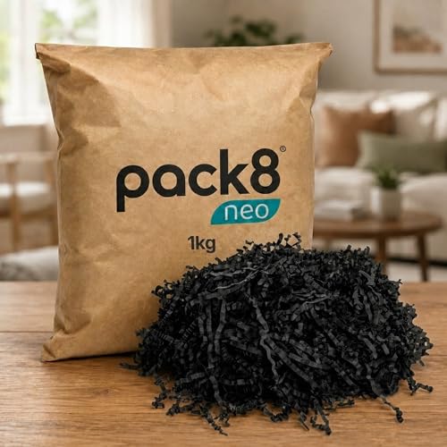 Image of Pack8neo Shredded Paper Cutting For Giftpacking, Hampers, Gift Baskets & Boxes, 1kg | Sustainable grass paper, Crinkle Cut filler, Gift Packaging Protection & Recyclable decoration material, Black