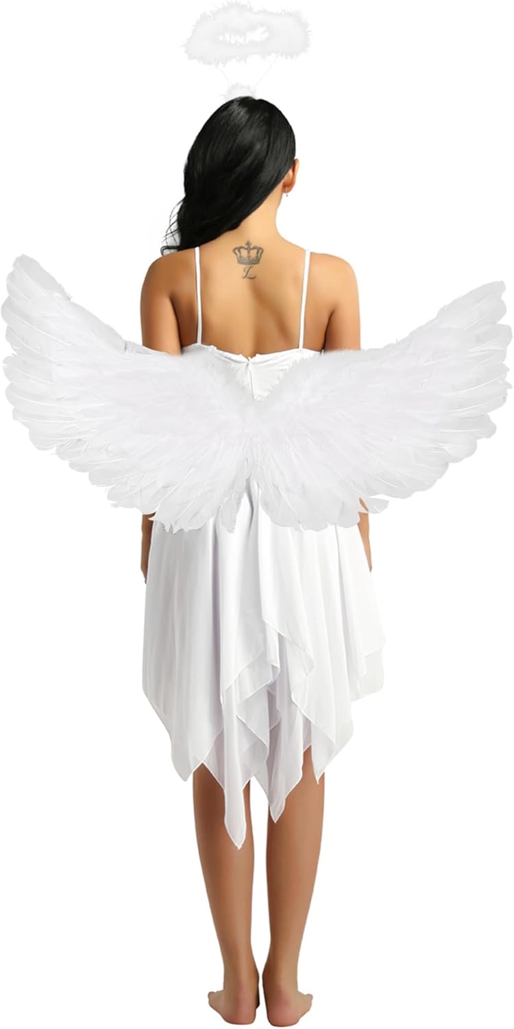 renvena Women Halloween Xmas Dress Carnival Party Angel Costumes with Headband and White Wings