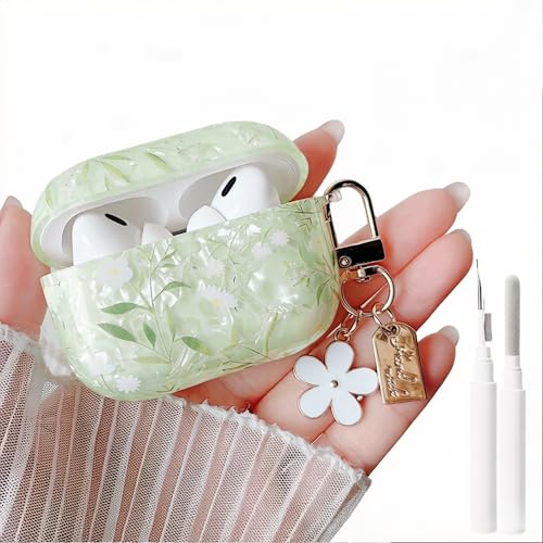 Image of MINSCOSE for Cute Glitter AirPods Pro 2nd /1st Generation Case,Shell Pattern Pretty Flower Design with Girly Floral Keychain,Soft TPU Protective Cover with Cleaner Kit for AirPods Pro /Pro 2-Green1