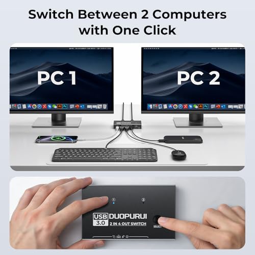 USB 3.0 Switch 2 Computers Sharing USB C & A Devices,Easy One-Click Device Switching with USB-C Cable & USB-A Cable,USB Switch Hub Share Keyboard Mouse Printer Scanner(USB3.0 2in4out)
