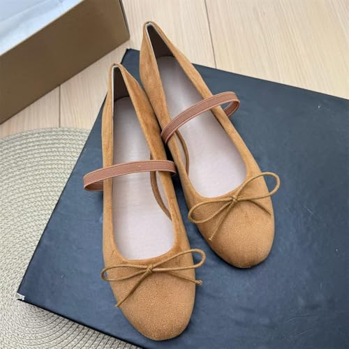 Image of TN TANGNEST Women's Mary Jane Flats Bow Ballet Shoes | Round Toe Flats with Buckle Strap Dressy Comfortable Faux Suede Flats