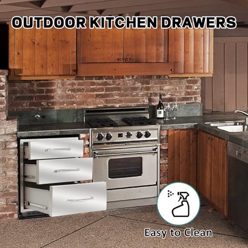 Image of Outdoor Kitchen Drawers 18 inch W x 21 inch H x 23 inch D Stainless Steel Drawer BBQ Triple Drawers with Chrome Handle for Outdoor Kitchen Island, Patio Grill Station