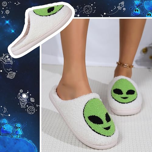 Cute Alien Cotton Slippers for Couples Indoor Plush Home Bedroom Shoes Green Cartoon Pattern Cozy Floor Slippers for Men & Women Suitable for All Seasons4