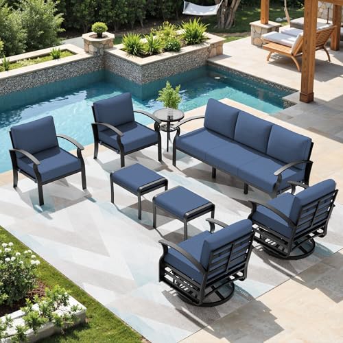 Image of Patio Furniture Set 9-Seat Aluminum Armrest Sofa, Aluminum Outdoor Furniture with 2 Swivel Chairs, 5 inch Cushions, Outdoor Sectional with High Backrest & 2 Footstools for Backyard, Poolside - Blue