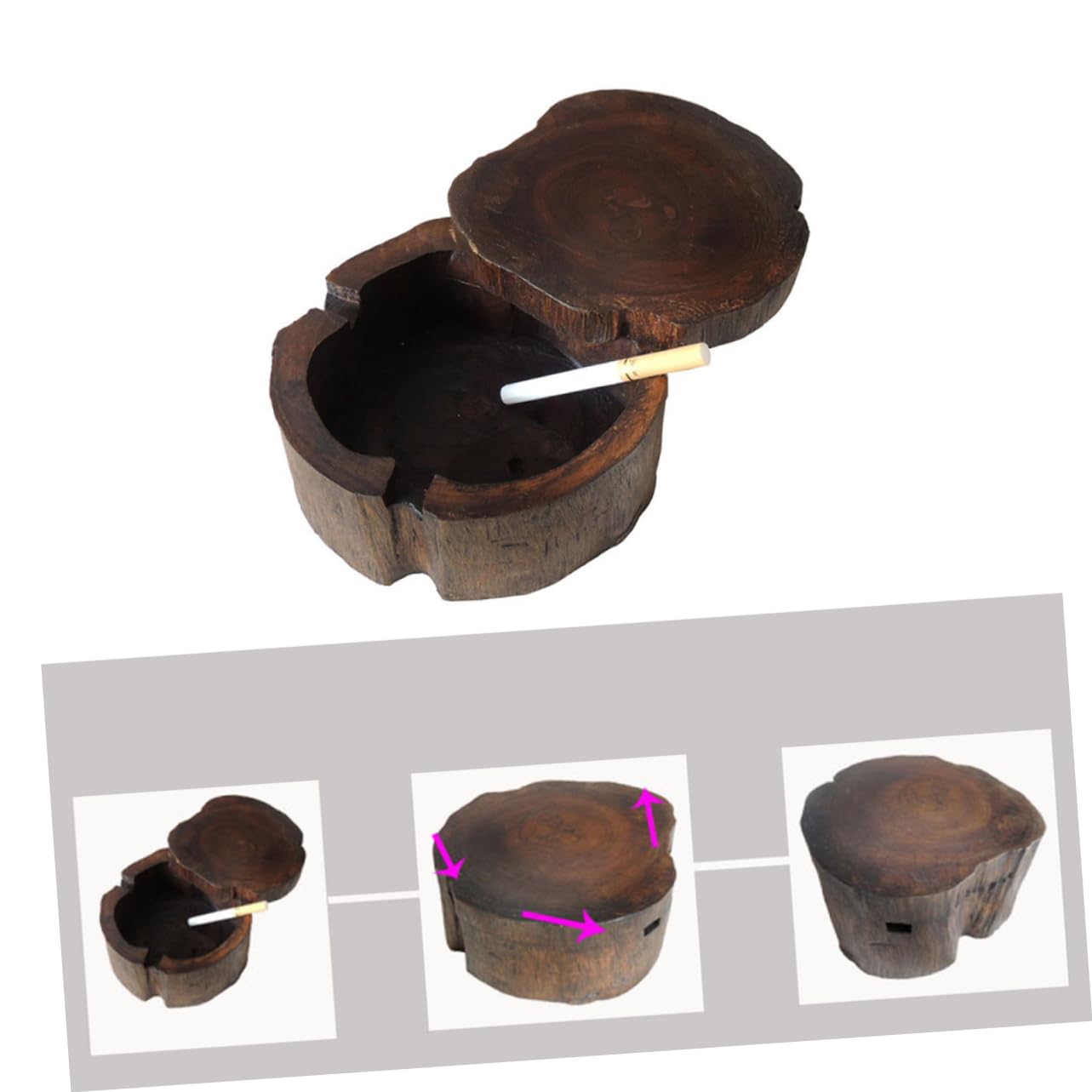 Unique Solid Wood Ashtray with Lid Vintage Decorative Ashtray for Home Office and Parties - 5 Inch