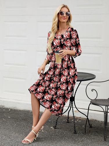 Image of Heymoments Women's Casual 3 /4 Sleeve Midi Dress Crewneck A Line Tiered Flowy Loose Travel Long Dresses with Pockets