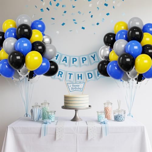 Image of Funhot Blue Yellow Grey Balloons, 60PCS Royal Blue Grey Party Balloons, 12 Inch Matt Yellow Metallic Silver Latex Balloon Helium for Boys Men Baby Shower Graduation Bat Birthday Party Decoration