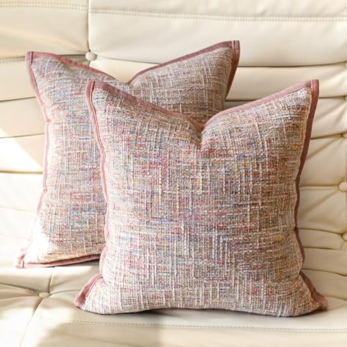 Juto Dusty Rose Pink Textured Woven Chenille Throw Pillow Cover 18x18 inch, Boho Accent Farmhouse Garden Decorative Pillow Case for Bed Sofa Couch, Pack of 2