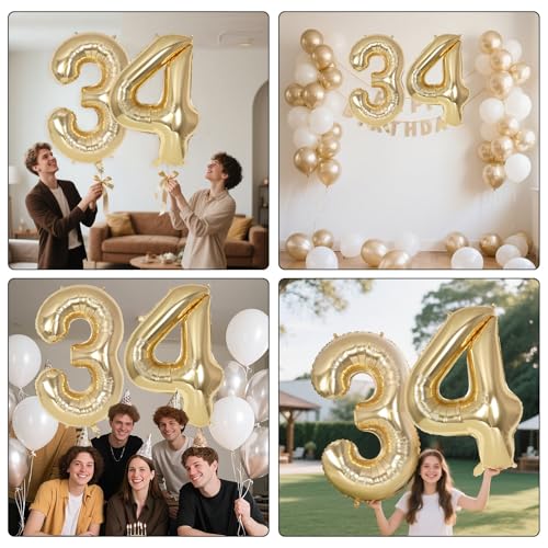 Image of Champagne Large Number 34 Balloon, 40 Inch Light Gold Foil Helium Number Balloons, Giant Mylar Number 34 Balloons for 34 Years Old Birthday Party Anniversary Decorations (Champagne Gold 34)