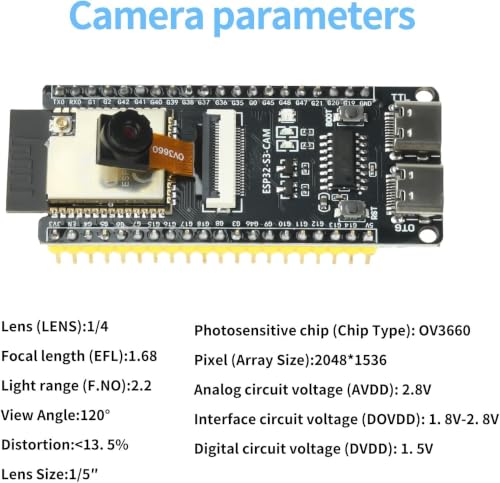 Image of ESP32-S3-CAM Development Board with OV3660 Camera, ESP32-S3-WROOM N16R8 Module with Dual Type-C Interface Support Wi-Fi and Bluetooth MCU Microcontroller for IoT, DIY Projects and AI Project