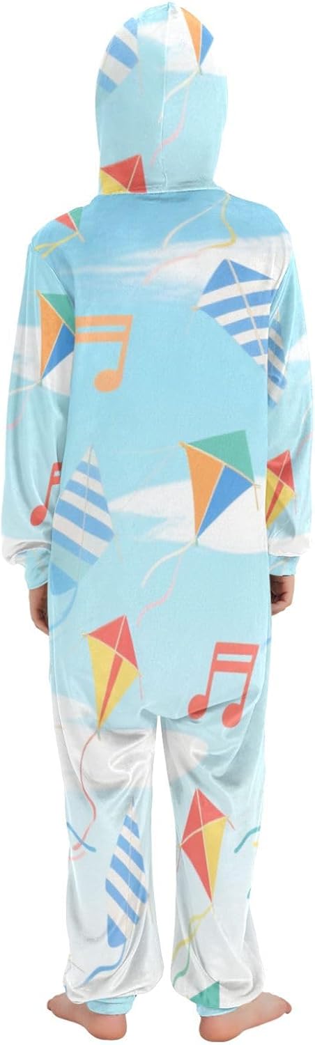 Colorful Kite Note Flying Zip Up Onesie Pajamas Hooded One-Piecing Sleeper PJS for Parties Sleepovers