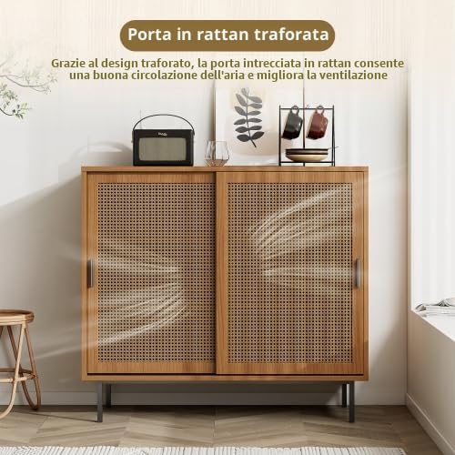 Merax Credenza - Cassettiera stabile con ante scorrevoli in rattan, portata 50 kg, noce, 100 cm, pratico armadietto per soggiorno o cucina