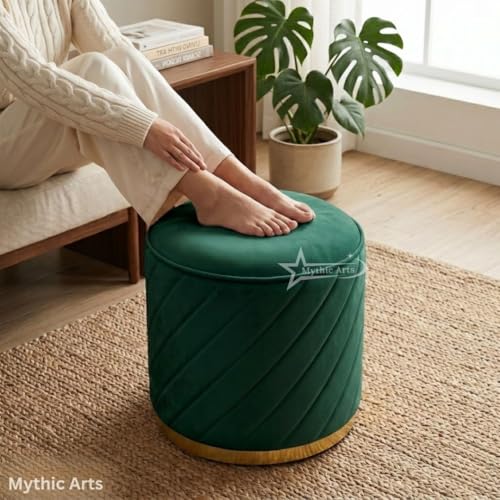Image of Mythic Arts Ottoman Stool, Puffy Stool, Sitting Stool, Modern Upholstered Round Ottoman, Dressing Table for Living-Green