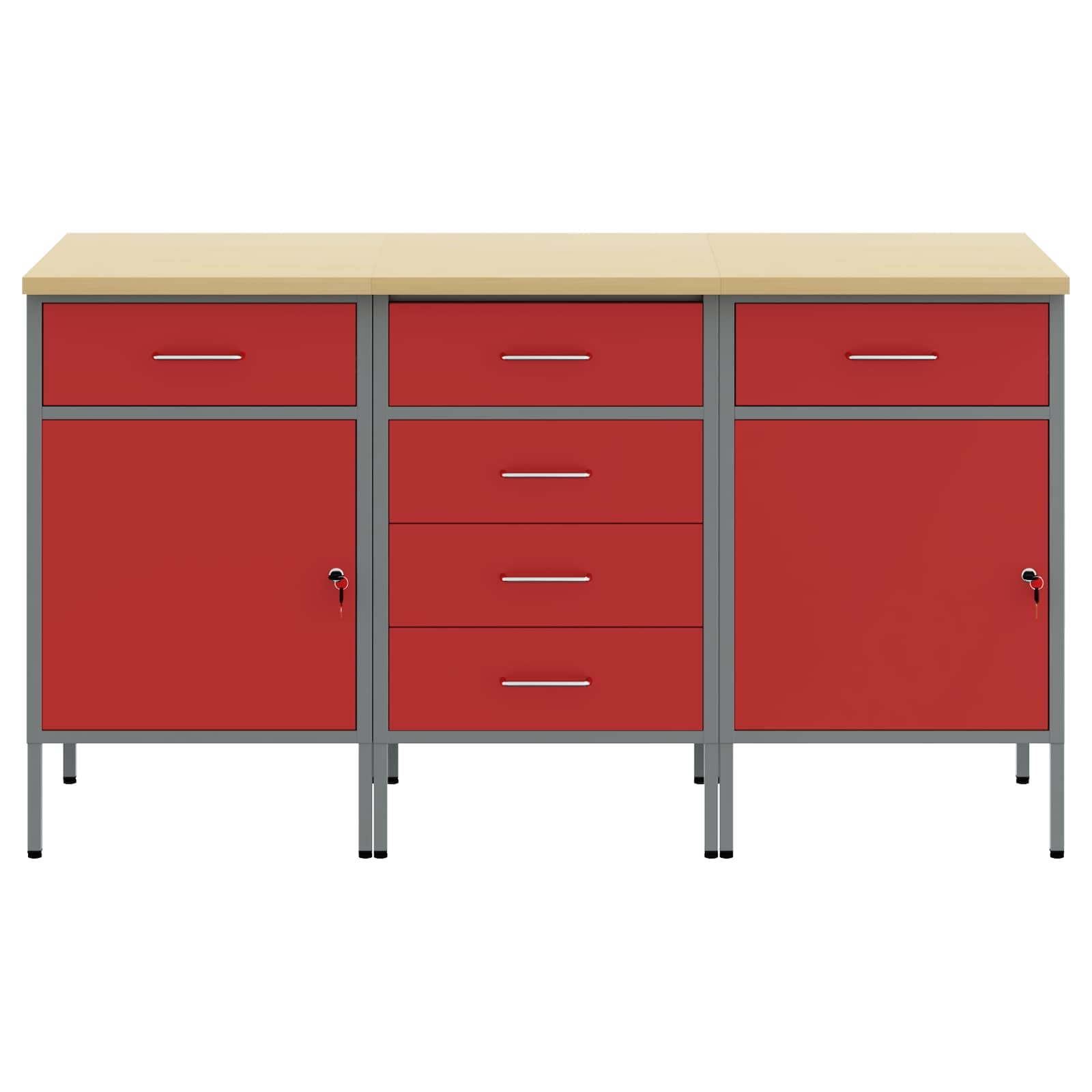 Banco da lavoro moderno con cassetti, 3 pezzi, rosso e grigio, 75 x 45 x 85 cm, in legno e acciaio, robusto banco da lavoro per officina, stile loft industriale, versatile