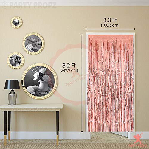 Image of Party Propz Large Rose Gold Foil Curtains For Decorations - 4 Pcs (3.3ft x 8.2 ft each) Huge Rose Gold Curtains For Birthday Decoration | Rose Gold Birthday Decorations | Birthday Foil Curtains
