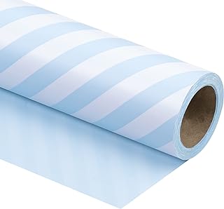 WRAPAHOLIC Reversible Wrapping Paper - Mini Roll - 17 Inch x 33 Feet - Baby Blue and Stripes Design for Birthday, Holiday,...