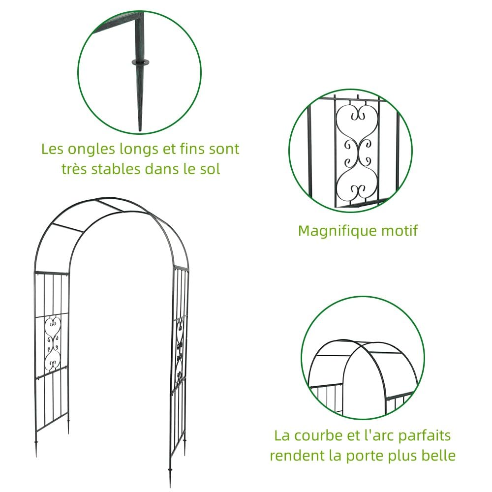 GLARRY Arche de Jardin en Métal – Tuteur pour Plantes Grimpantes – 118x56x221 cm – Idéal pour Rosiers, Vignes et Décoration de Terrasse – Vert foncé