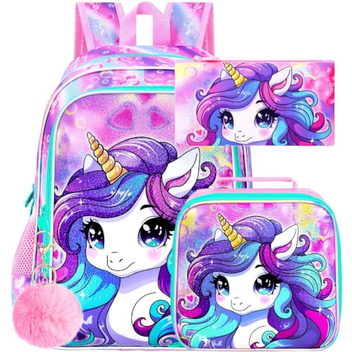 Image of CCJPX 3PCS Unicorn Backpack for Girls, 16 inchKids Preschool Bookbag Set, Cute Water Resistant Elementary School Bag and Lunch Box