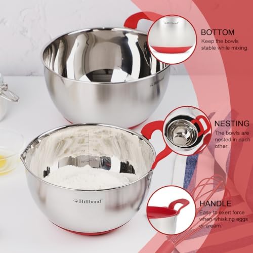 Hillbond Mixing Bowls with BPA Free Airtight Lids Nesting Bowls with Pour Spout, Silicone Handle and Non-Slip Bottoms for Baking, Stainless Steel Mixing Bowls Dishwasher Safe, 1.5, 3, 5 QT (Red) - Thumbnail 4