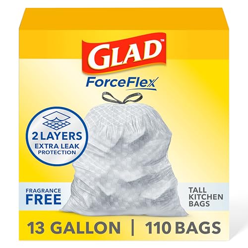 Glad ForceFlex Tall Kitchen Drawstring Trash Bags, 13 Gal, Fragrance Free, 110 Ct (Package May Vary)
