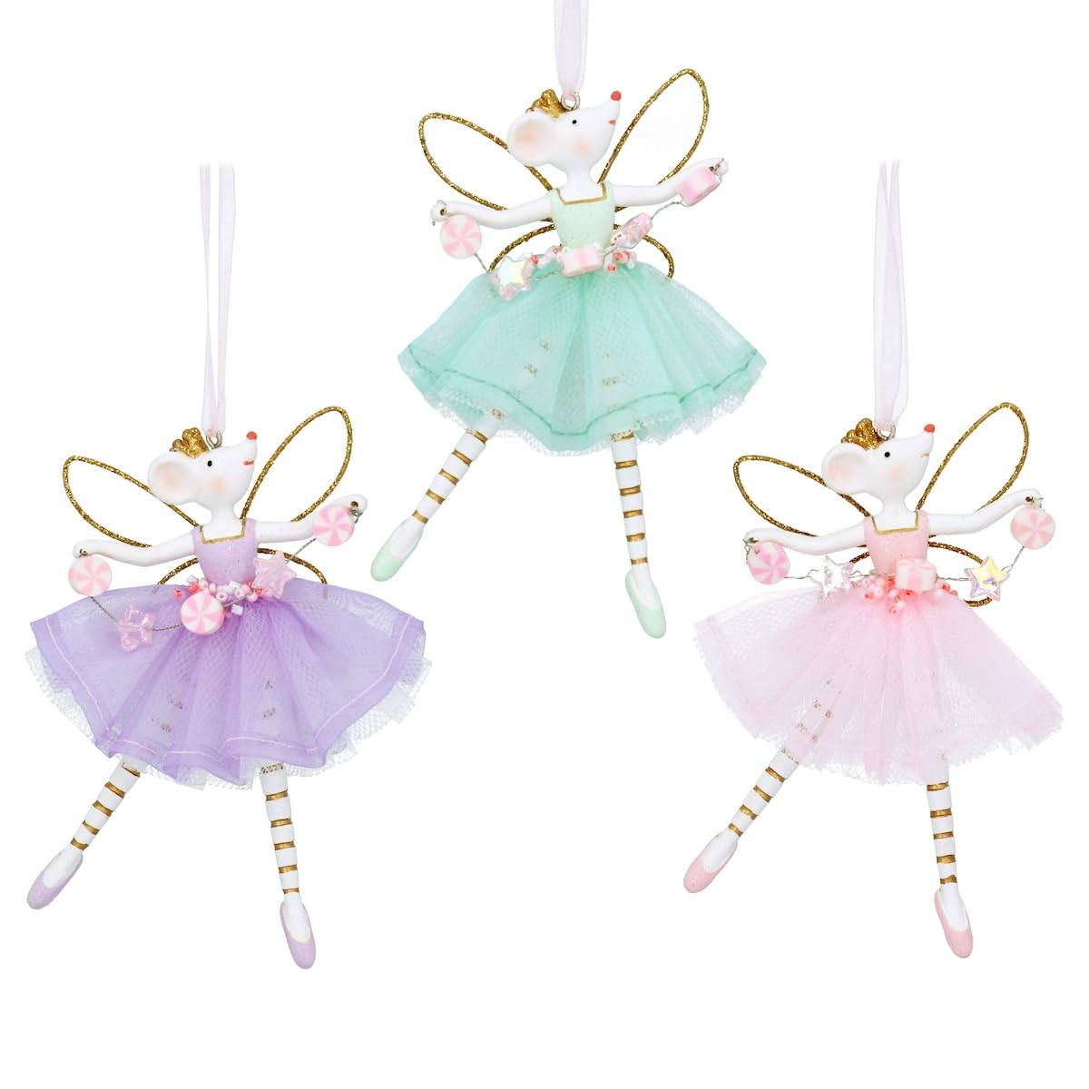 Gisela Graham Christmas Tree Decorations Fairy Mice Hanging Ornaments Pastel