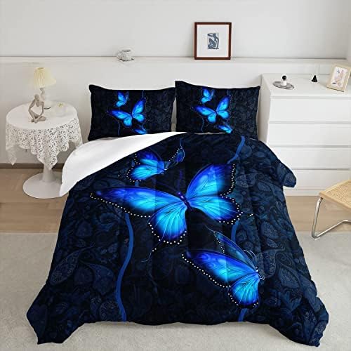HOSIMA Blue Butterfly Comforter Set for Girls Bedroom Set,Mandala Bedding Boho Floral Twin Comforter Set,Butterfly Print Bed Set Queen Size with 2 Pillowcases.